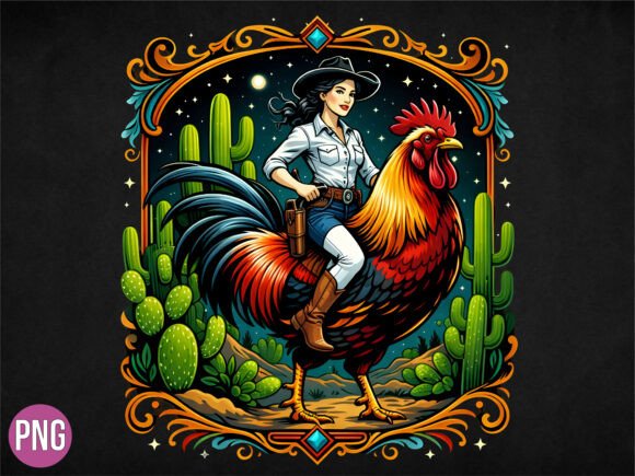 Cowgirl Riding Rooster Farm Art PNG for Creative Projects