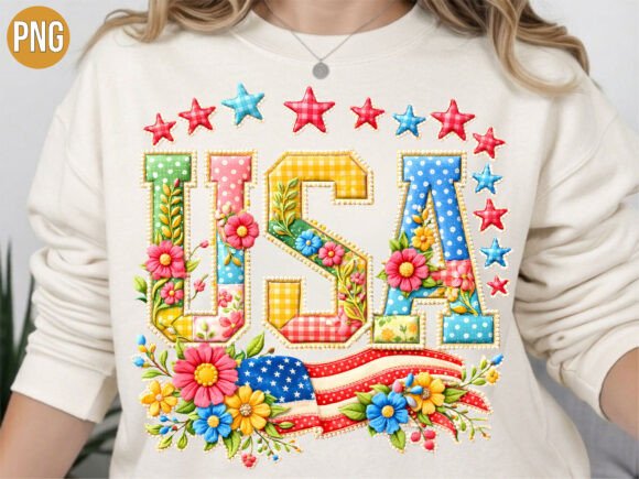 USA Patriotic Floral Patchwork T-Shirt Design
